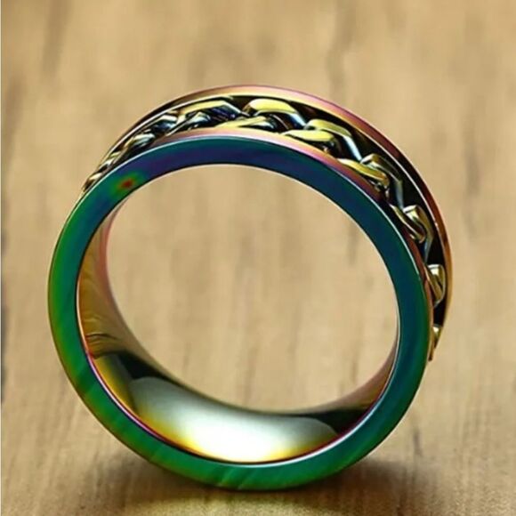 NWT AB Rainbow Oil Spill Stainless Steel Spinner Ring Size 9 - Picture 4 of 7